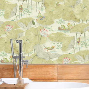 Pond Life wallpaper by Brand McKenzie in sage green, lily pads and pond life on a bathroom wall