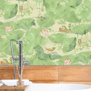 Pond Life wallpaper by Brand McKenzie in green, lily pads and pond life on a bathroom wall