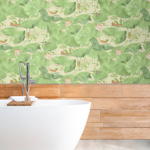 Pond Life wallpaper by Brand McKenzie in green, lily pads and pond life in a bathroom