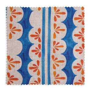 Pool Party linen by Bethie Tricks in blue and orange, full repeat of painted pool stripes