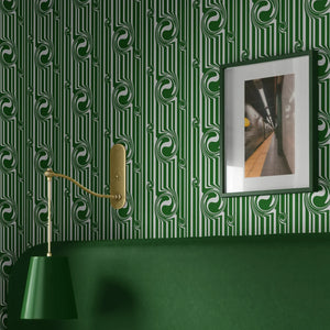 Popsicle wallpaper by Liberty James Studio in green, wavy popsicle stripes in a styled room setting