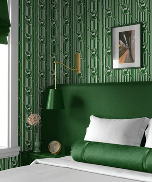 Popsicle wallpaper by Liberty James Studio in green, wavy popsicle stripes on a bedroom wall