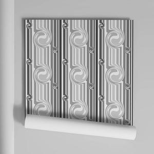 Popsicle in Five Shades of Grey wallpaper by Liberty James Studio in grey and white, roll showing wavy popsicle stripes