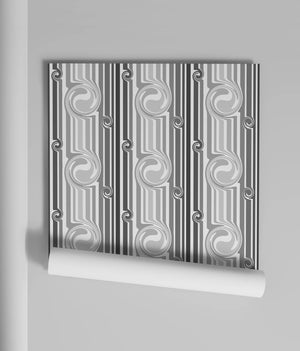 Popsicle in Five Shades of Grey wallpaper by Liberty James Studio in grey and white, roll showing wavy popsicle stripes