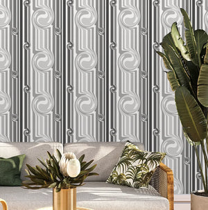 Popsicle in Five Shades of Grey wallpaper by Liberty James Studio in grey and white in a styled room setting