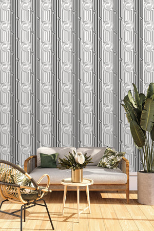 Popsicle in Five Shades of Grey wallpaper by Liberty James Studio in grey and white, wavy popsicle stripes in a living room