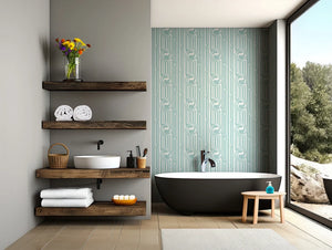 Popsicle wallpaper by Liberty James Studio in duck egg blue, wavy popsicle stripes in a bathroom