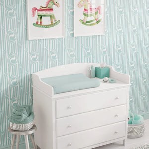 Popsicle wallpaper by Liberty James Studio in duck egg blue, wavy popsicle stripes in a child's room
