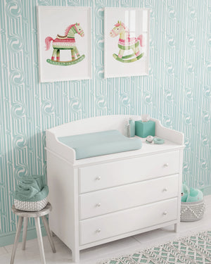 Popsicle wallpaper by Liberty James Studio in duck egg blue, wavy popsicle stripes in a child's room