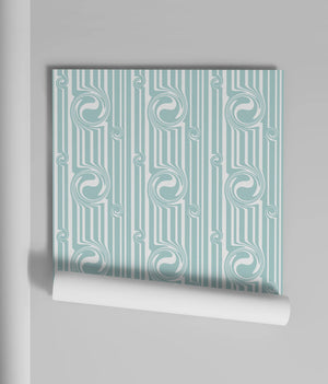 Popsicle wallpaper by Liberty James Studio in duck egg blue, roll showing wavy popsicle stripes