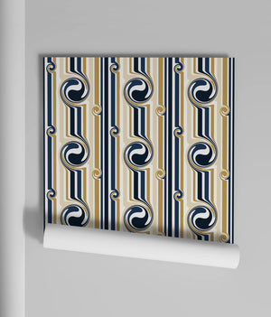 Popsicle wallpaper by Liberty James Studio in gold and navy, roll showing wavy popsicle stripes