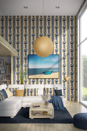 Popsicle wallpaper by Liberty James Studio in navy and white, wavy popsicle stripes in a bedroom