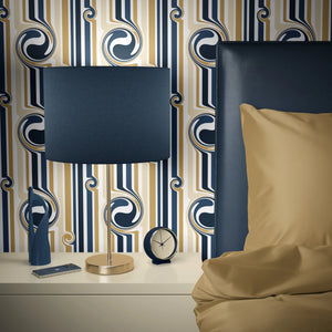 Popsicle wallpaper by Liberty James Studio in gold and navy, wavy popsicle stripes in a bedroom