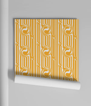 Popsicle wallpaper by Liberty James Studio in yellow, sample roll showing wavy popsicle stripes