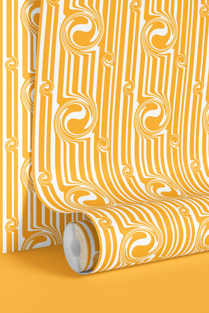 Popsicle wallpaper by Liberty James Studio in yellow, partly unrolled roll showing wavy popsicle stripes