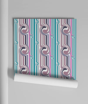 Popsicle wallpaper by Liberty James Studio in teal and pink, partly unrolled roll showing wavy popsicle stripes