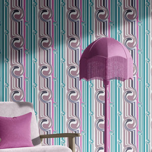 Popsicle wallpaper by Liberty James Studio in teal and pink, roll showing wavy popsicle stripes