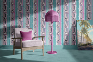 Popsicle wallpaper by Liberty James Studio in teal and pink, wavy popsicle stripes in a bathroom