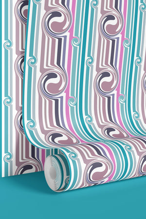 Popsicle wallpaper by Liberty James Studio in teal and pink, wavy popsicle stripes in a living room