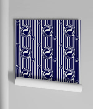Popsicle wallpaper by Liberty James Studio in navy, partly unrolled roll showing wavy popsicle stripes