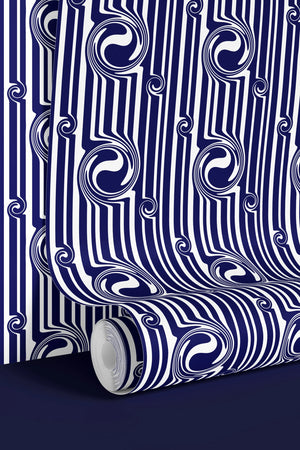 Popsicle wallpaper by Liberty James Studio in navy, sample roll showing wavy popsicle stripes