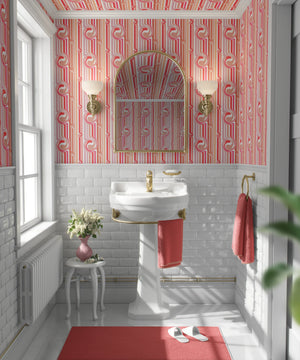 Popsicle wallpaper by Liberty James Studio in pink and coral, wavy popsicle stripes on a living room wall