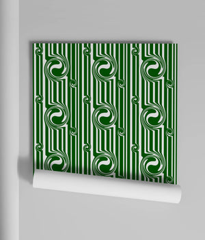 Popsicle wallpaper by Liberty James Studio in green, roll showing wavy popsicle stripes
