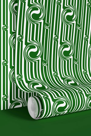 Popsicle wallpaper by Liberty James Studio in green, sample roll showing wavy popsicle stripes