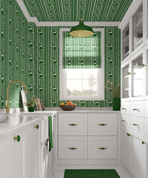 Popsicle wallpaper by Liberty James Studio in green, wavy popsicle stripes in a kitchen