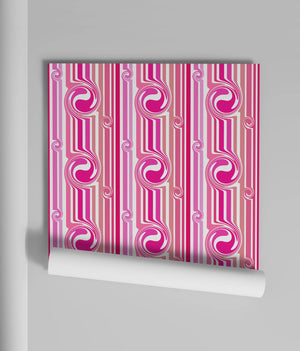 Popsicle wallpaper by Liberty James Studio in pink, wavy popsicle stripes on a bathroom wall