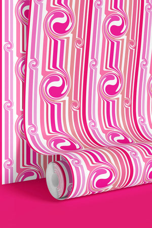 Popsicle wallpaper by Liberty James Studio in pink, wavy popsicle stripes in a styled room setting