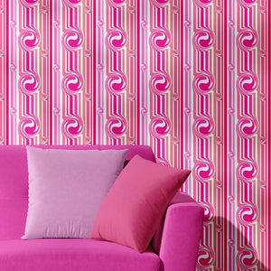 Popsicle wallpaper by Liberty James Studio in pink, roll showing wavy popsicle stripes