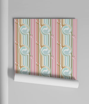 Popsicle wallpaper by Liberty James Studio in pink and blue, wavy popsicle stripes in a bathroom