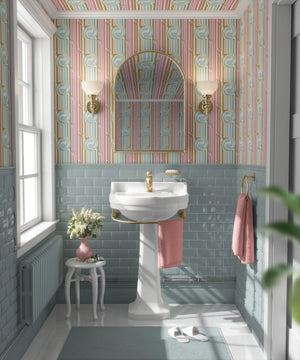 Popsicle wallpaper by Liberty James Studio in pink and blue, wavy popsicle stripes in a living room