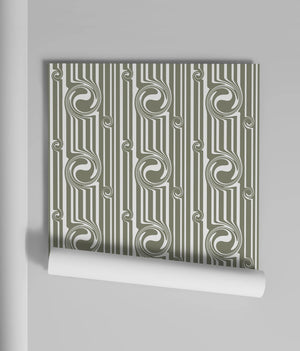 Popsicle wallpaper by Liberty James Studio in sage green, sample roll showing wavy popsicle stripes