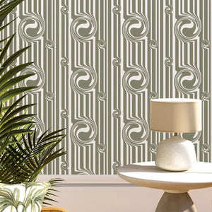 Popsicle wallpaper by Liberty James Studio in sage green, wavy popsicle stripes in a living room