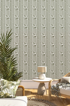 Popsicle wallpaper by Liberty James Studio in sage green, wavy popsicle stripes behind a sofa in a living room