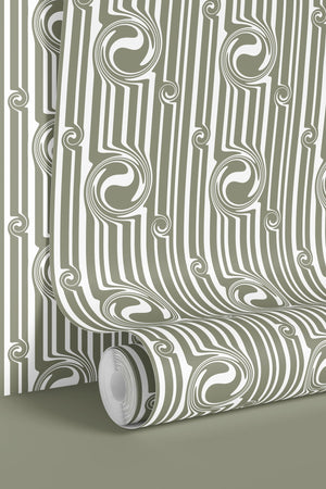 Popsicle wallpaper by Liberty James Studio in sage green, roll showing wavy popsicle stripes