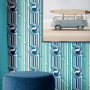 Popsicle wallpaper by Liberty James Studio in teal, wavy popsicle stripes on a bathroom wall