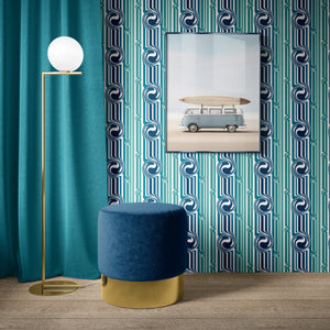 Popsicle wallpaper by Liberty James Studio in teal, sample roll showing wavy popsicle stripes