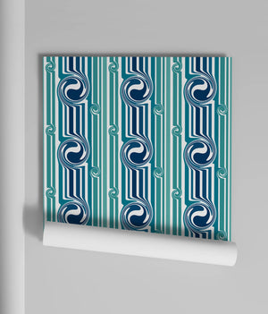 Popsicle wallpaper by Liberty James Studio in teal, roll showing wavy popsicle stripes