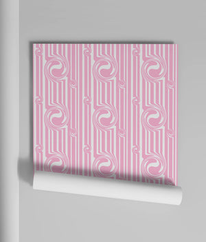Popsicle wallpaper by Liberty James Studio in pink, roll showing wavy popsicle stripes