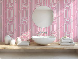 Popsicle wallpaper by Liberty James Studio in pink, wavy popsicle stripes in a bathroom