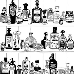 Potions wallpaper by Dupenny in black and white, full repeat of shelves of potion bottles