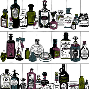 Potions wallpaper by Dupenny in multicolour, flat sample of shelves of potion bottles