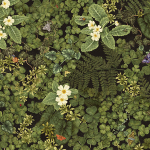 Woodland Floor wallpaper by Studio Le Cocq in dark green, flat sample of woodland flowers and ferns