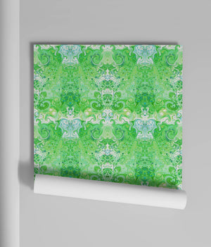 Psychedelic Pop Wallpaper wallpaper by Liberty James Studio in green, roll showing a psychedelic mirrored design