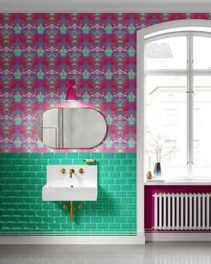 Psychedelic Pop Wallpaper wallpaper by Liberty James Studio in pink, a psychedelic mirrored design in a bathroom