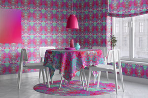 Psychedelic Pop Wallpaper wallpaper by Liberty James Studio in pink, a psychedelic mirrored design in a dining area