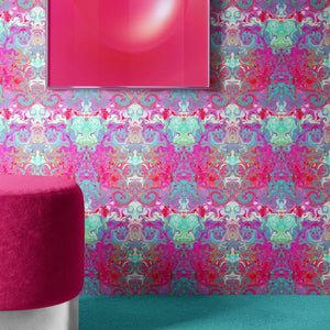 Psychedelic Pop Wallpaper wallpaper by Liberty James Studio in pink, a psychedelic mirrored design in a styled room setting